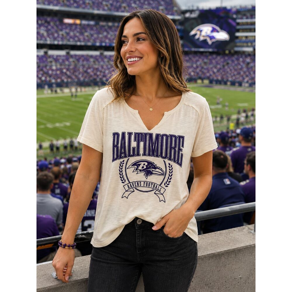 NWT NFL Team Apparel Baltimore Ravens Women M Cream V Neck Football T Shirt #12